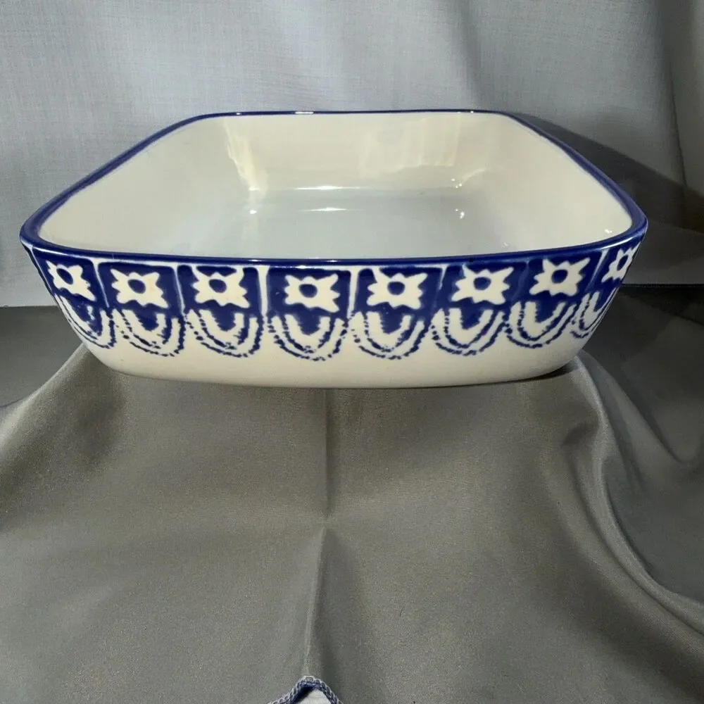 Grestel Portugal Stoneware Casserole Baking Dish Blue White Stamped Rectangular